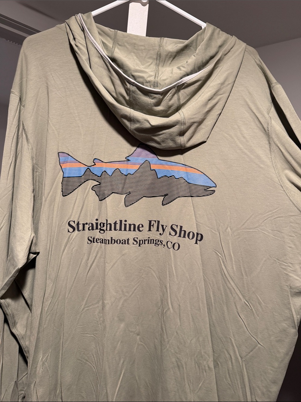 Patagonia Olive Green Hooded Shirt with Multicolor Fish Graphic